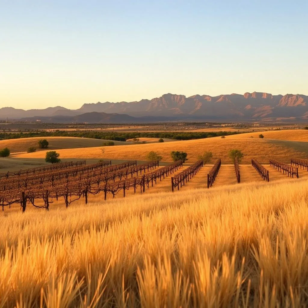 Rolling golden grasslands of Sonoita Arizona with vineyards in the foreground and the Santa Rita Mountains beyond
