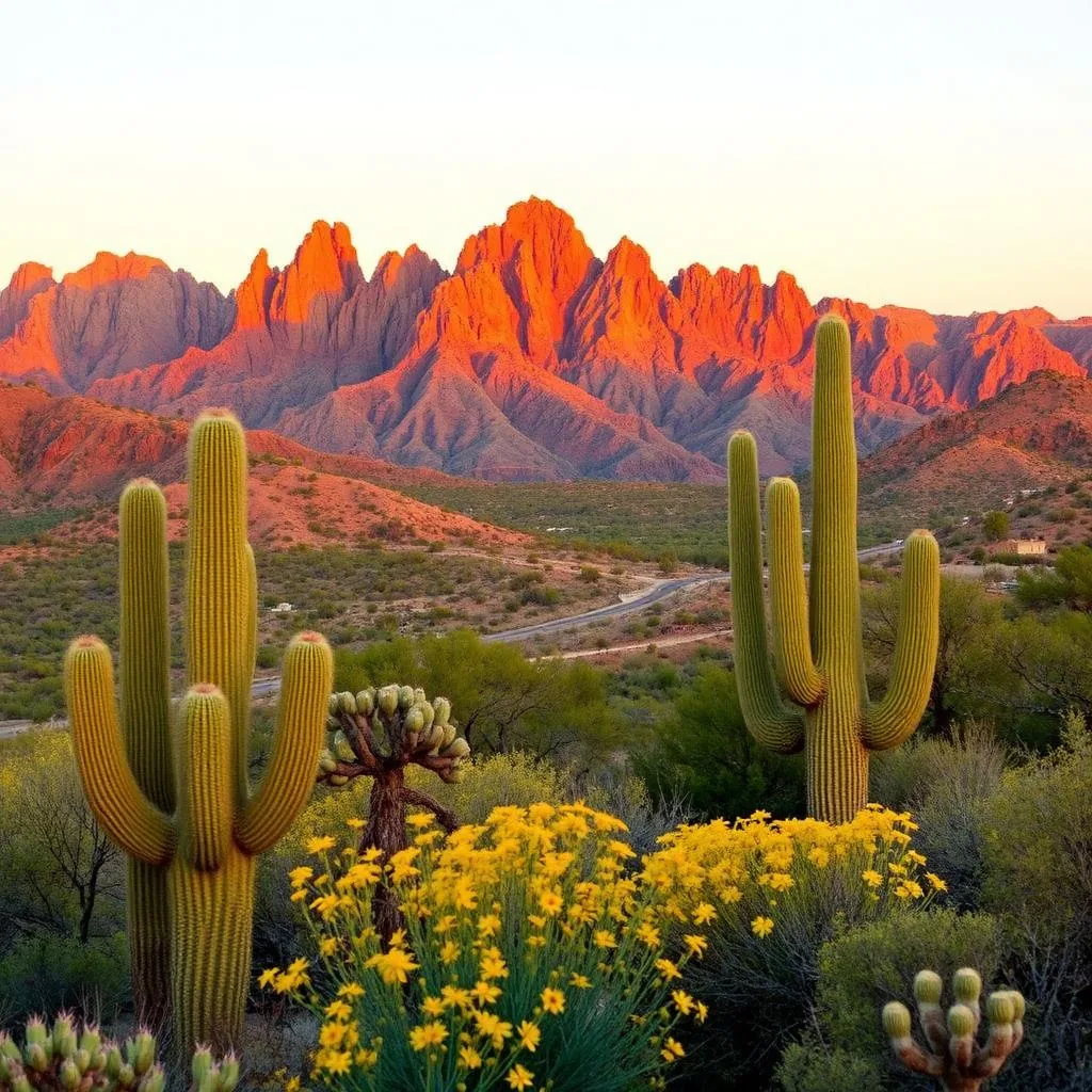 Jagged orange peaks of the Superstition Mountains at sunrise with saguaro cacti and yellow wildflowers in the foreground
