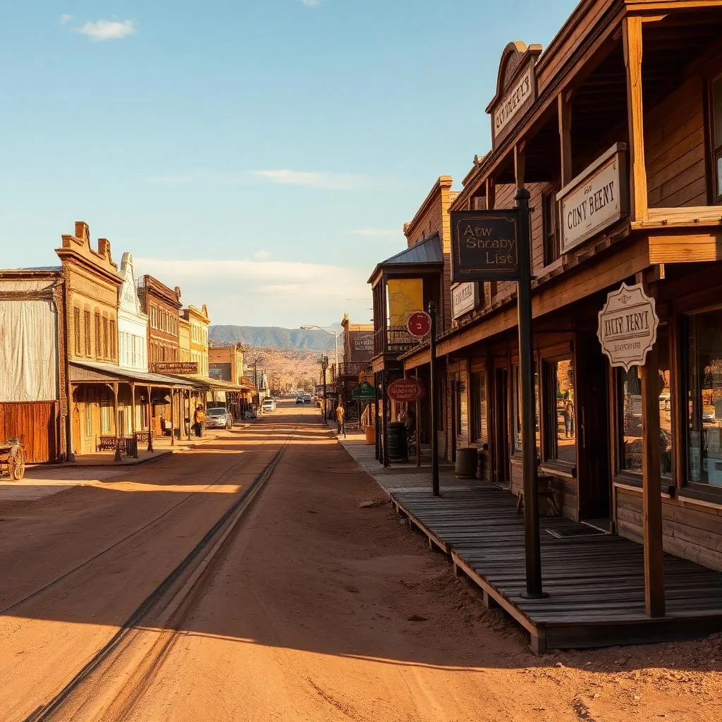 Historic Old West main street of Tombstone Arizona with wooden boardwalks and vintage western storefronts