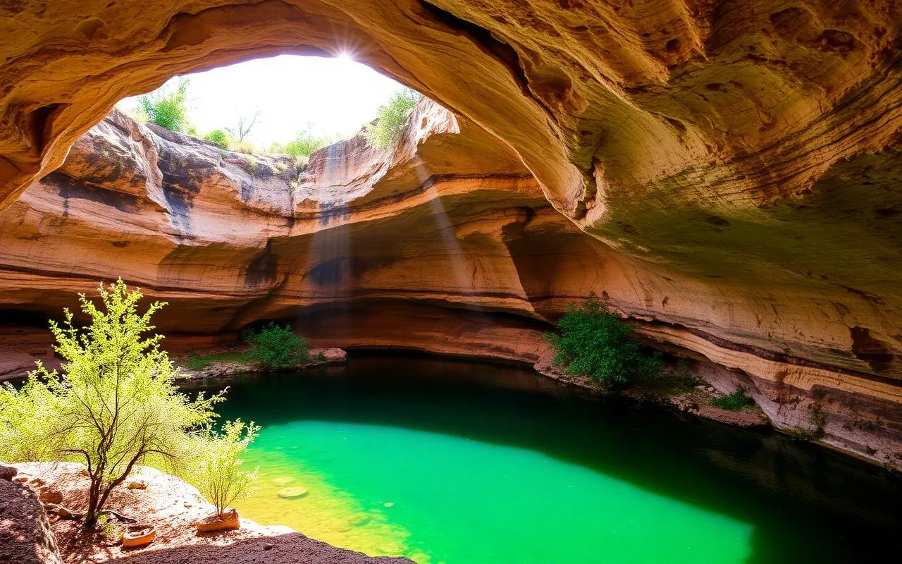 Sunlight through the Tonto Natural Bridge over a green pool in Arizona