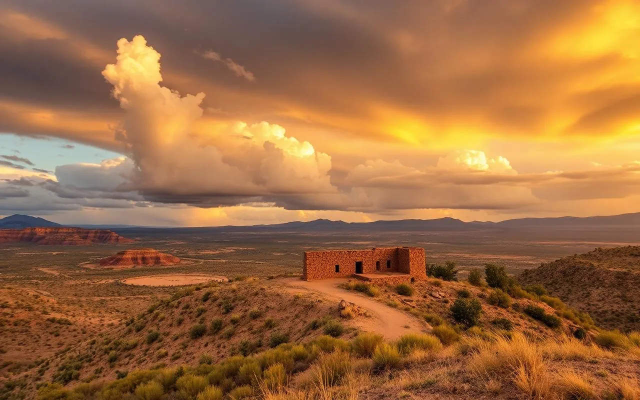 Tuzigoot National Monument, an ancient stone pueblo on a hilltop above the Verde Valley at golden hour