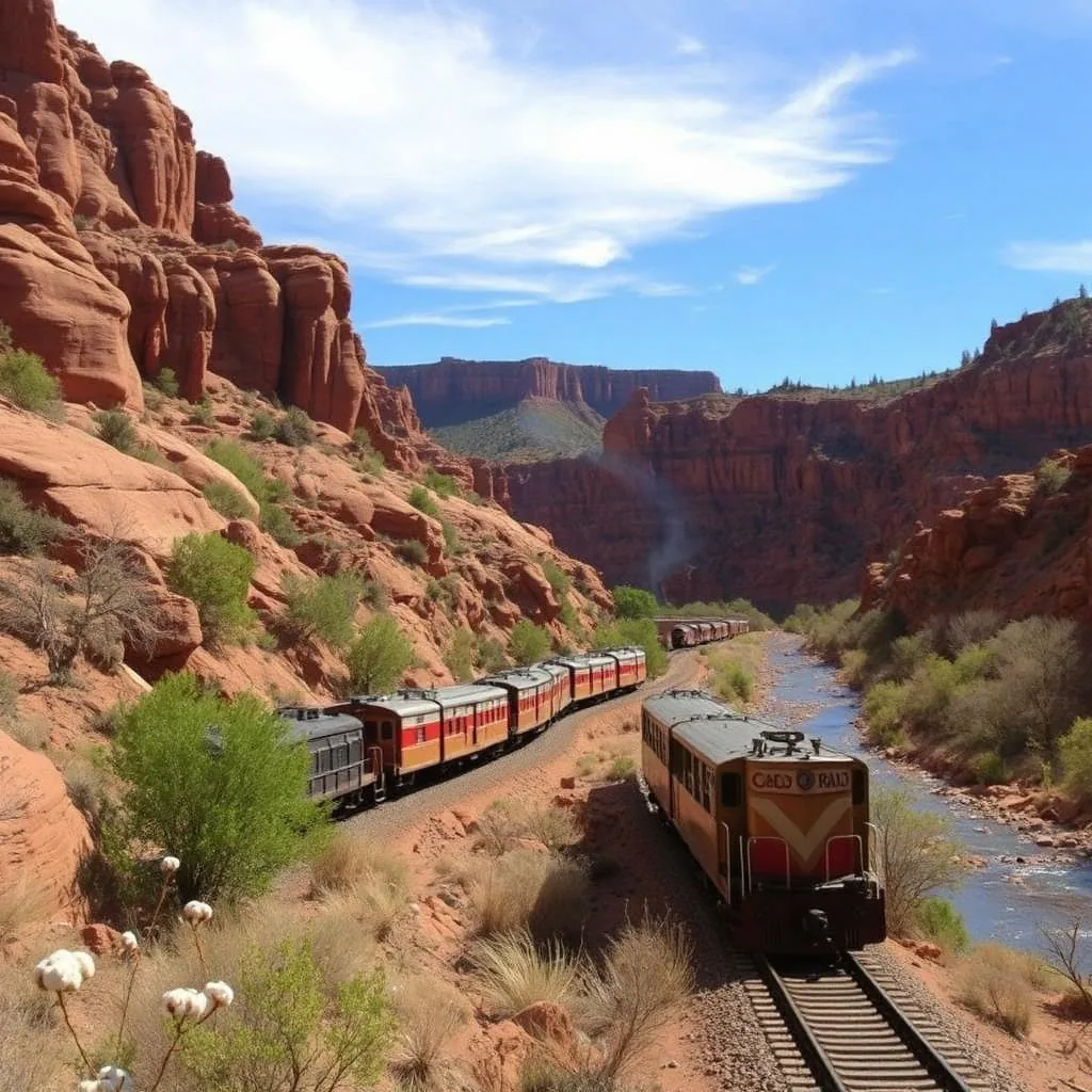 Verde Canyon Railroad train rounding a curve through red-rock canyon along the Verde River