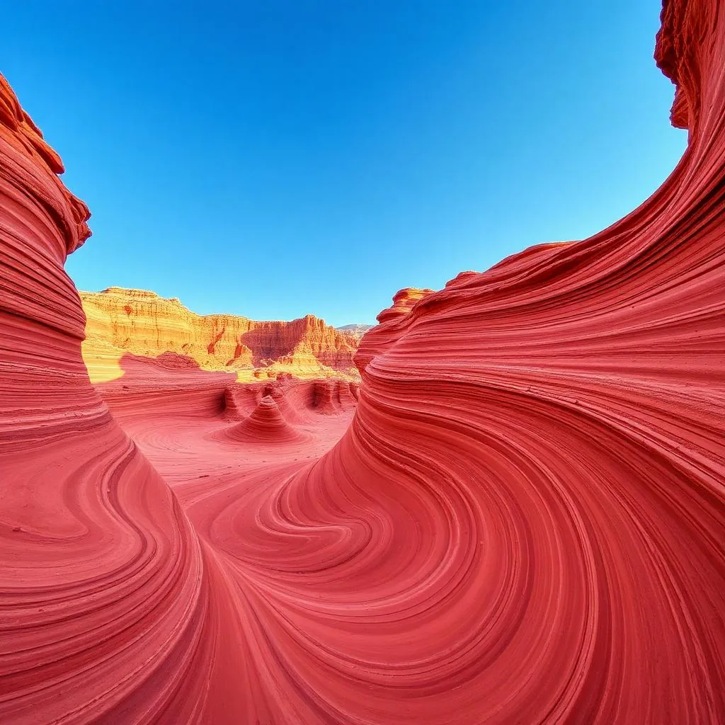 Swirling red and orange sandstone waves at The Wave in Vermilion Cliffs National Monument