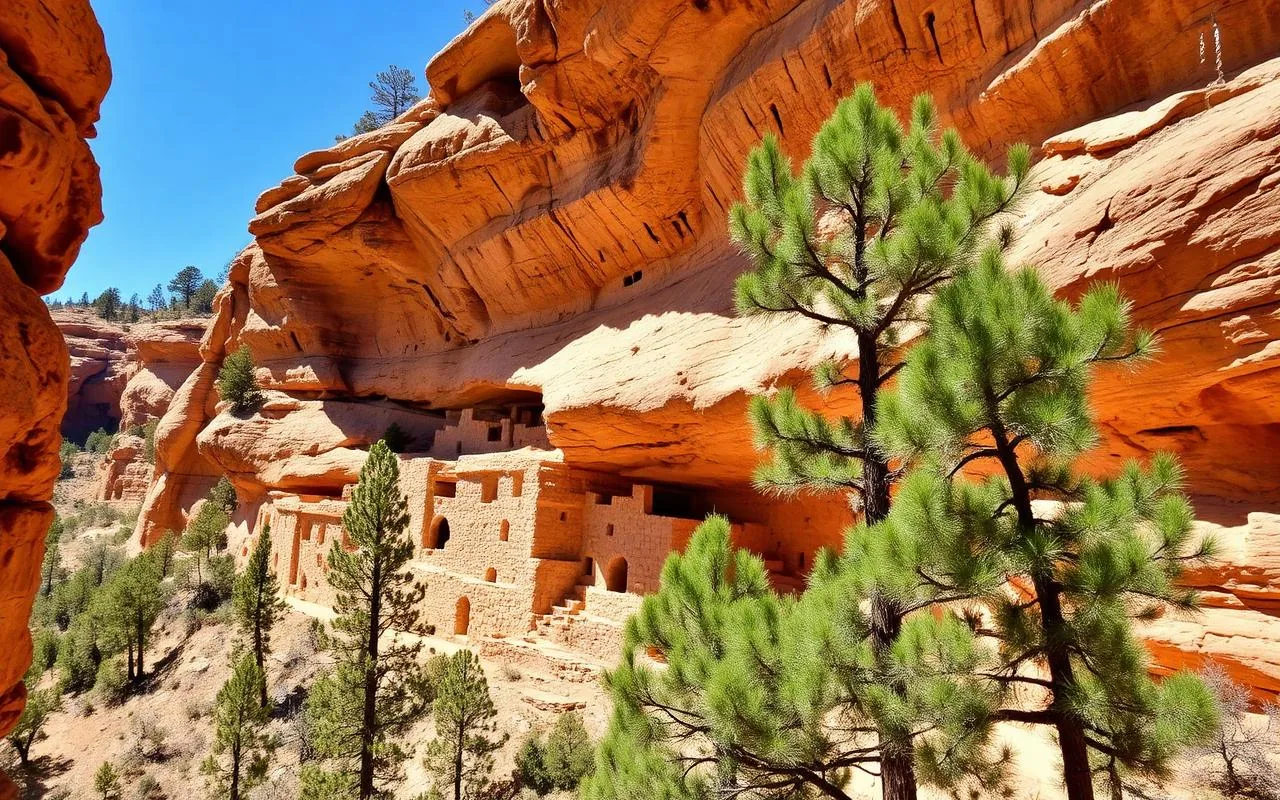 Ancient cliff dwellings tucked into limestone walls at Walnut Canyon National Monument near Flagstaff