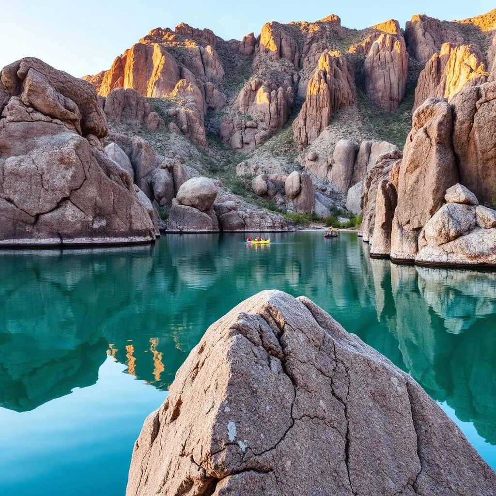 Massive granite boulders reflecting in turquoise still water of Watson Lake near Prescott Arizona with kayakers in the distance