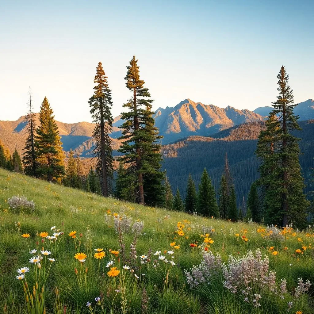 Alpine meadow with summer wildflowers and tall pines in Arizona's White Mountains