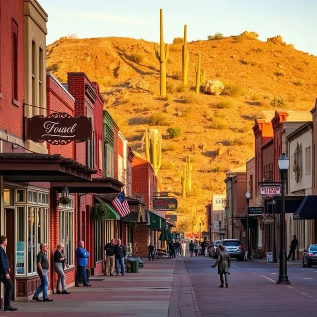 Historic main street of Wickenburg Arizona at golden hour with western storefronts and saguaro-covered hills