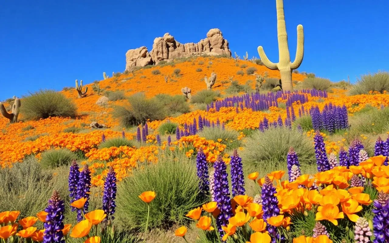 Hillside of orange California poppies and purple lupine wildflowers in Arizona desert