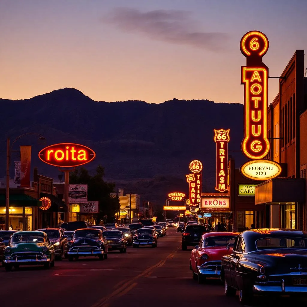 Historic Route 66 main street in Williams Arizona at dusk with vintage cars and glowing neon signs