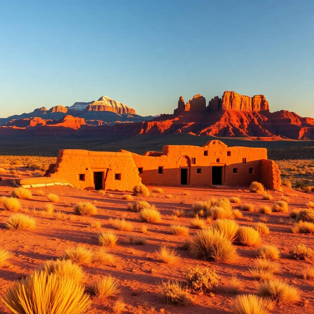 Ancient red sandstone pueblo ruins of Wupatki under blue sky with snow-capped San Francisco Peaks in background