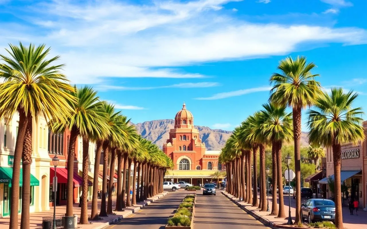 Historic downtown Yuma Arizona lined with palm trees on a sunny winter day
